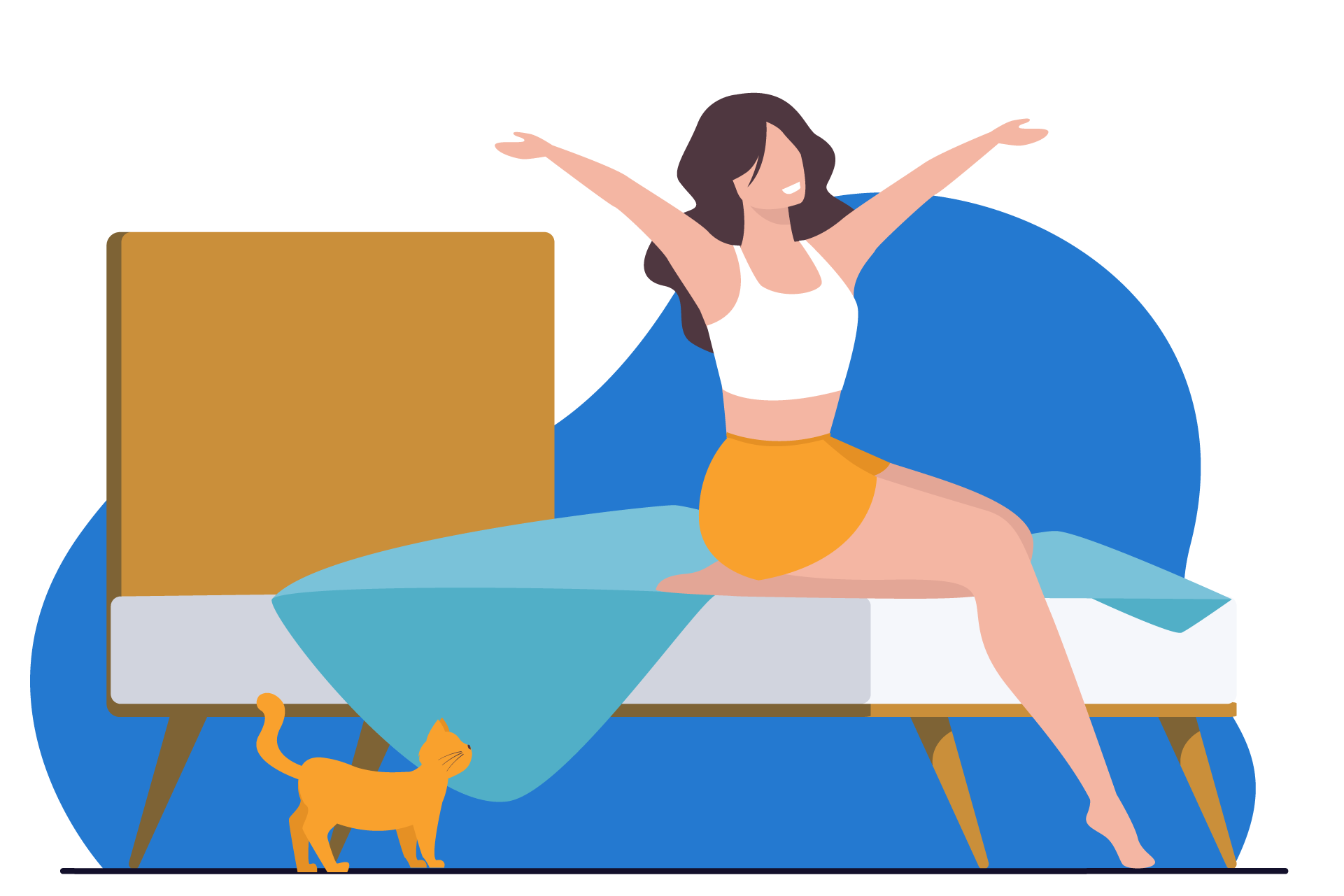 Ilustração de uma mulher acordando bem disposta de manhã.